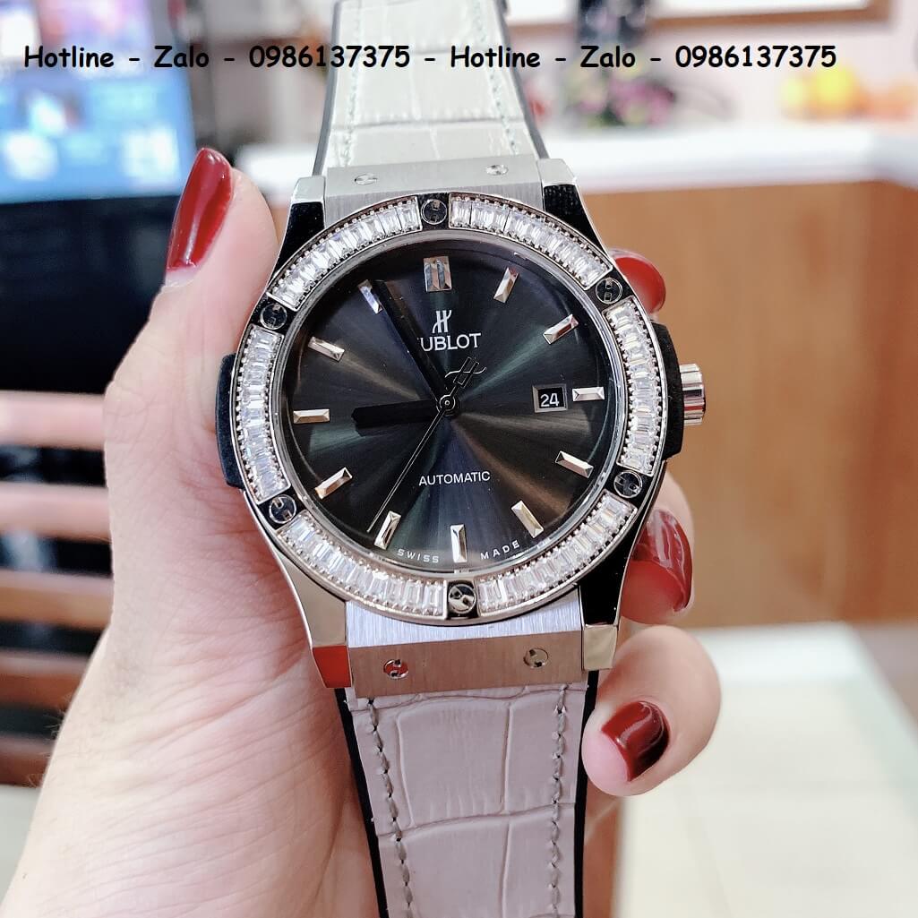 Đồng Hồ Hublot Automatic Nam Dây Da Silicon Xám Đính Đá Silver 42mm