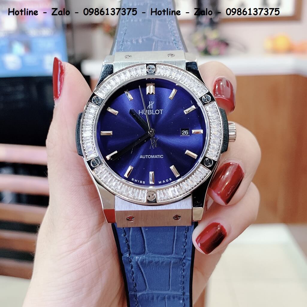 Đồng Hồ Hublot Automatic Nam Dây Da Silicon Xanh Đính Đá Silver 42mm