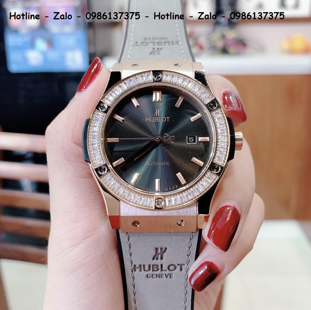 Đồng Hồ Hublot Automatic Nam Silicon Xám Đính Đá Rose Gold