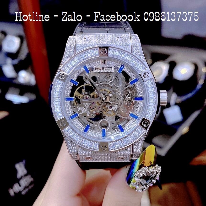 Đồng Hồ Nam Hublot Automatic Lộ Máy Dây Da Silicon Đen 42mm