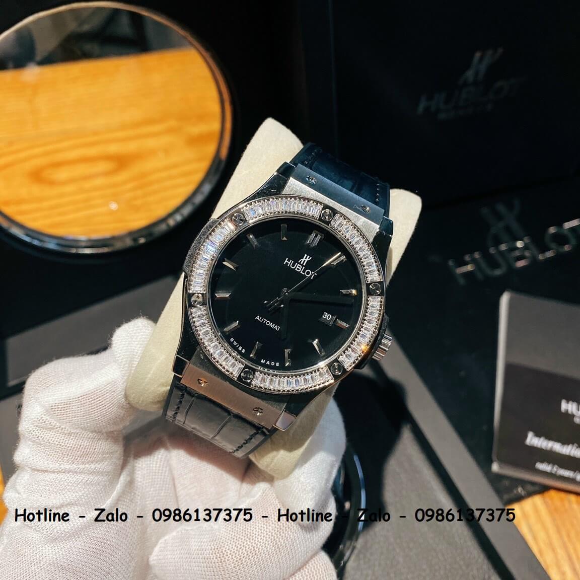 Đồng Hồ Hublot Automatic Nam Silicon Đen Đính Đá Silver 42mm