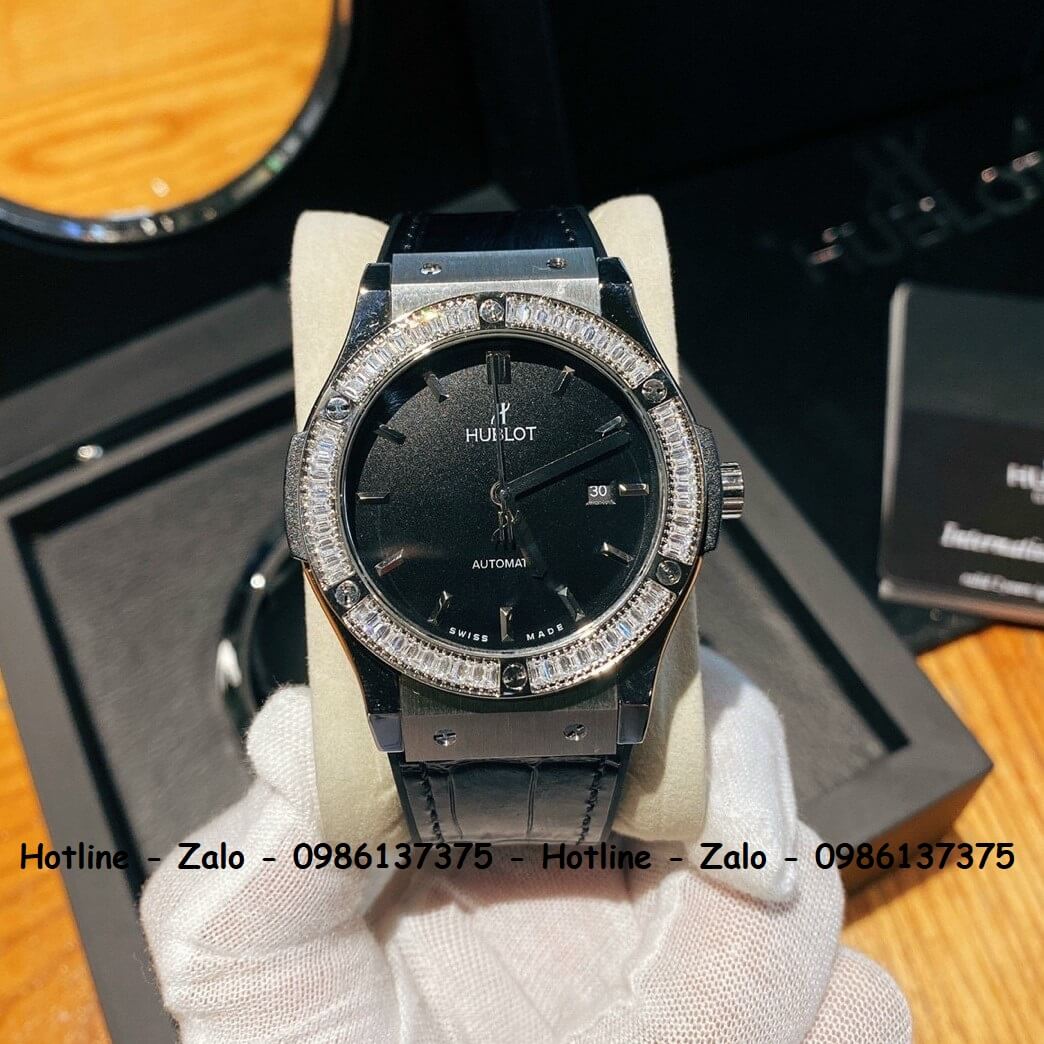 Đồng Hồ Hublot Automatic Nam Silicon Đen Đính Đá Silver 42mm