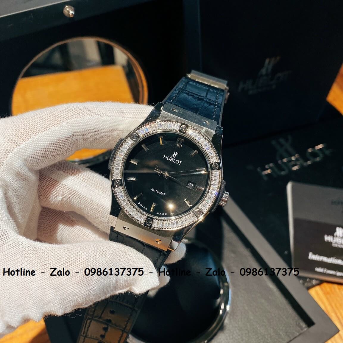 Đồng Hồ Hublot Automatic Nam Silicon Đen Đính Đá Silver 42mm