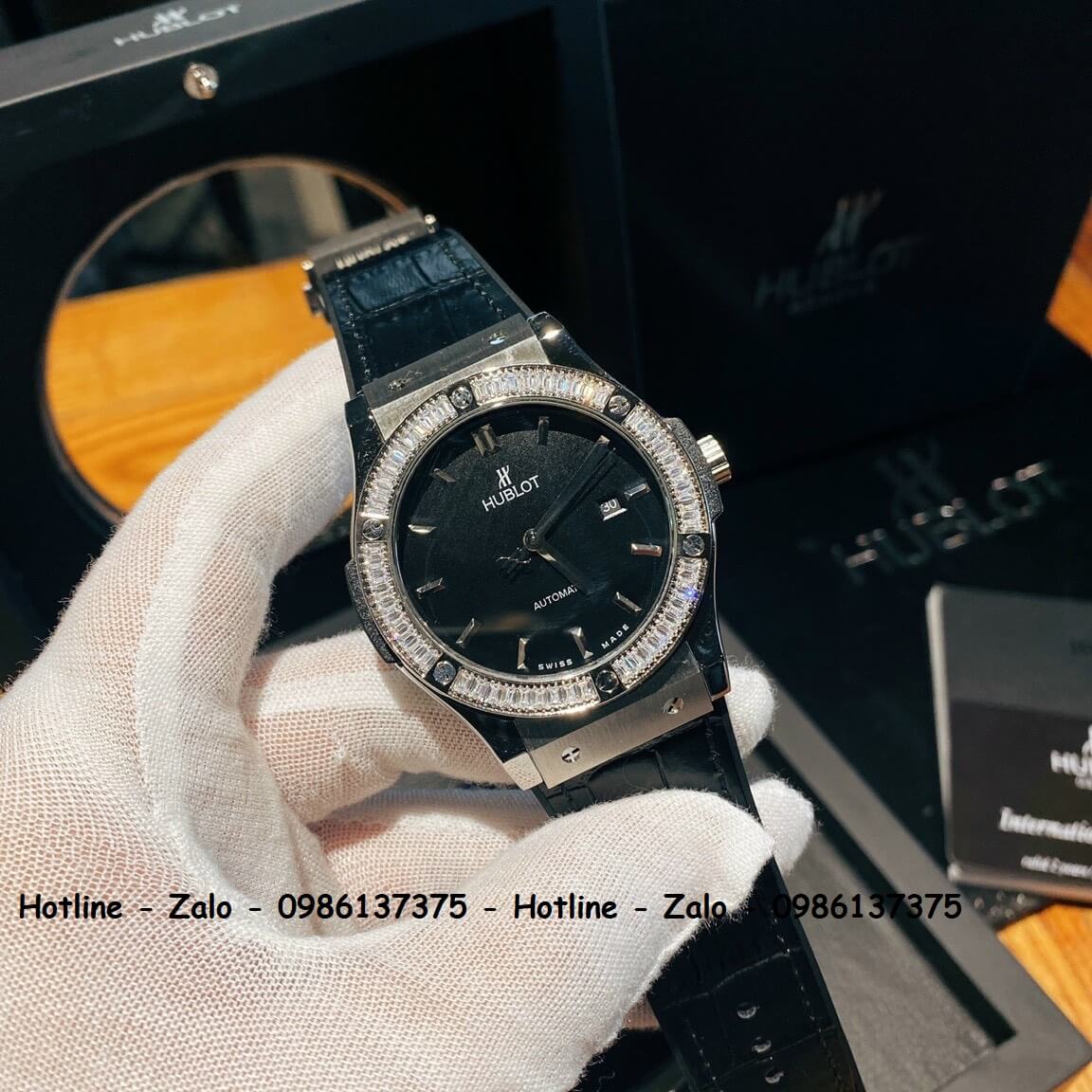 Đồng Hồ Hublot Automatic Nam Silicon Đen Đính Đá Silver 42mm