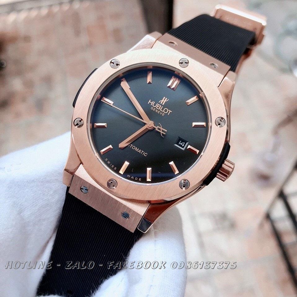 Đồng Hồ Hublot Nam Automatic Dây Silicon Đen Rose Gold 42mm