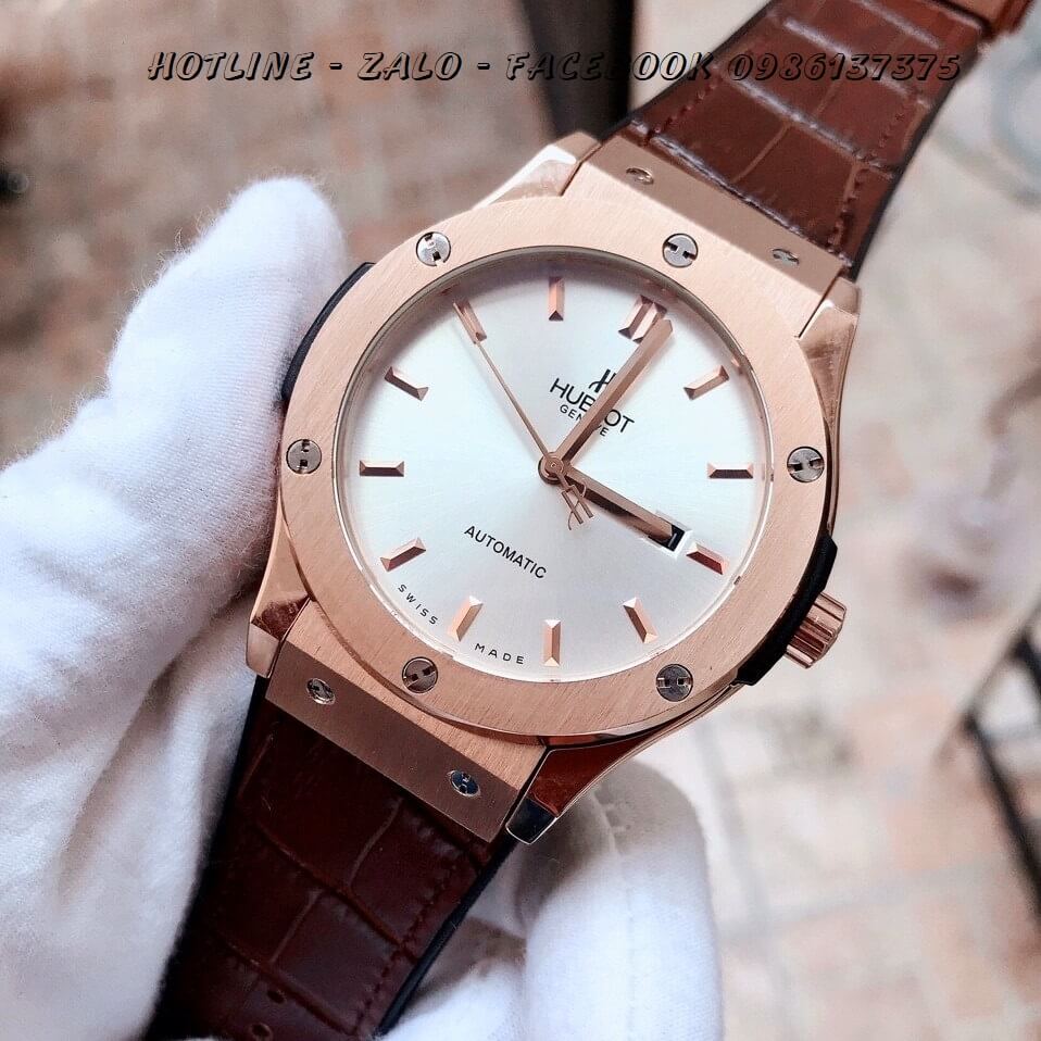 Đồng Hồ Hublot Nam Automatic Dây Da Silicon Nâu White 42mm