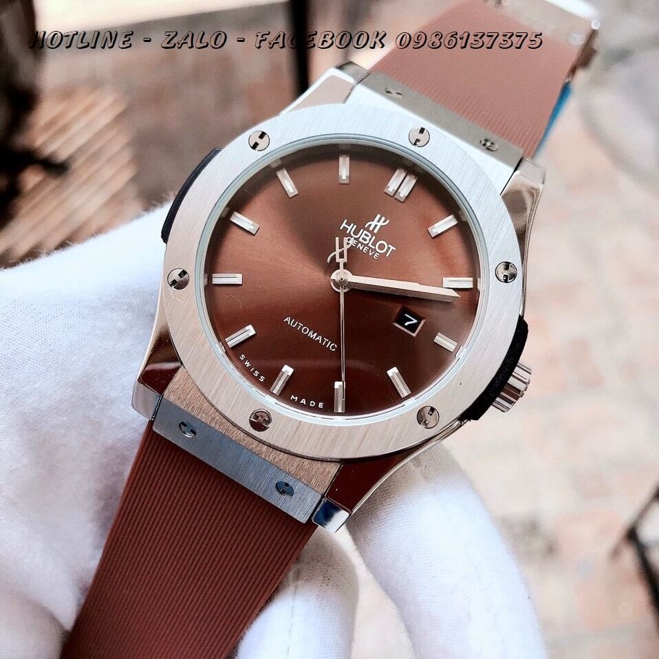 Đồng Hồ Hublot Nam Automatic Dây Silicon Nâu Silver 42mm