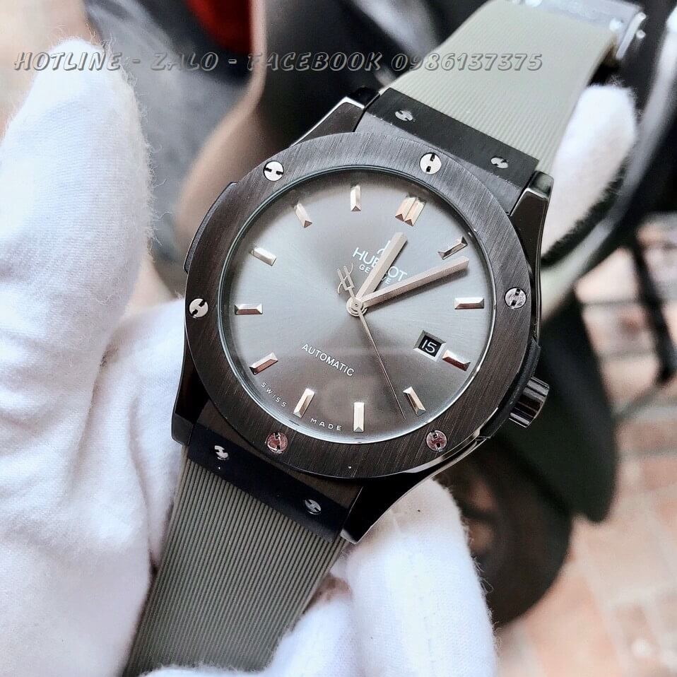 Đồng Hồ Hublot Nam Automatic Dây Silicon Xám Black 42mm