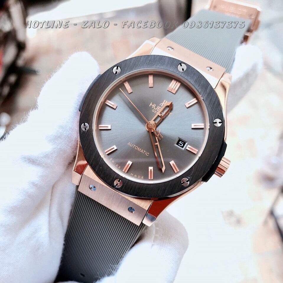 Đồng Hồ Hublot Nam Automatic Dây Silicon Xám Black Rose Gold 42mm