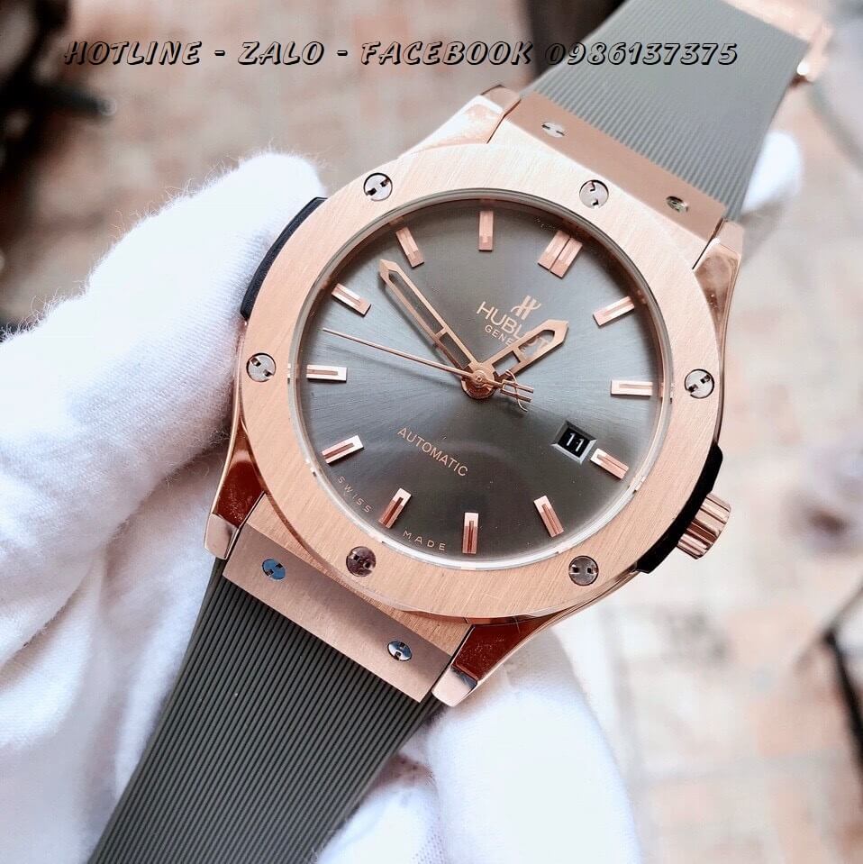 Đồng Hồ Hublot Nam Automatic Dây Silicon Xám Rose Gold 42mm