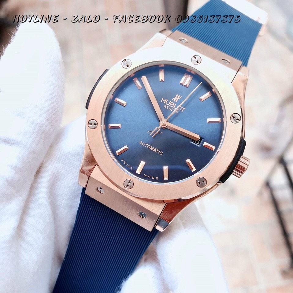 Đồng Hồ Hublot Nam Automatic Dây Silicon Xanh Rose Gold 42mm