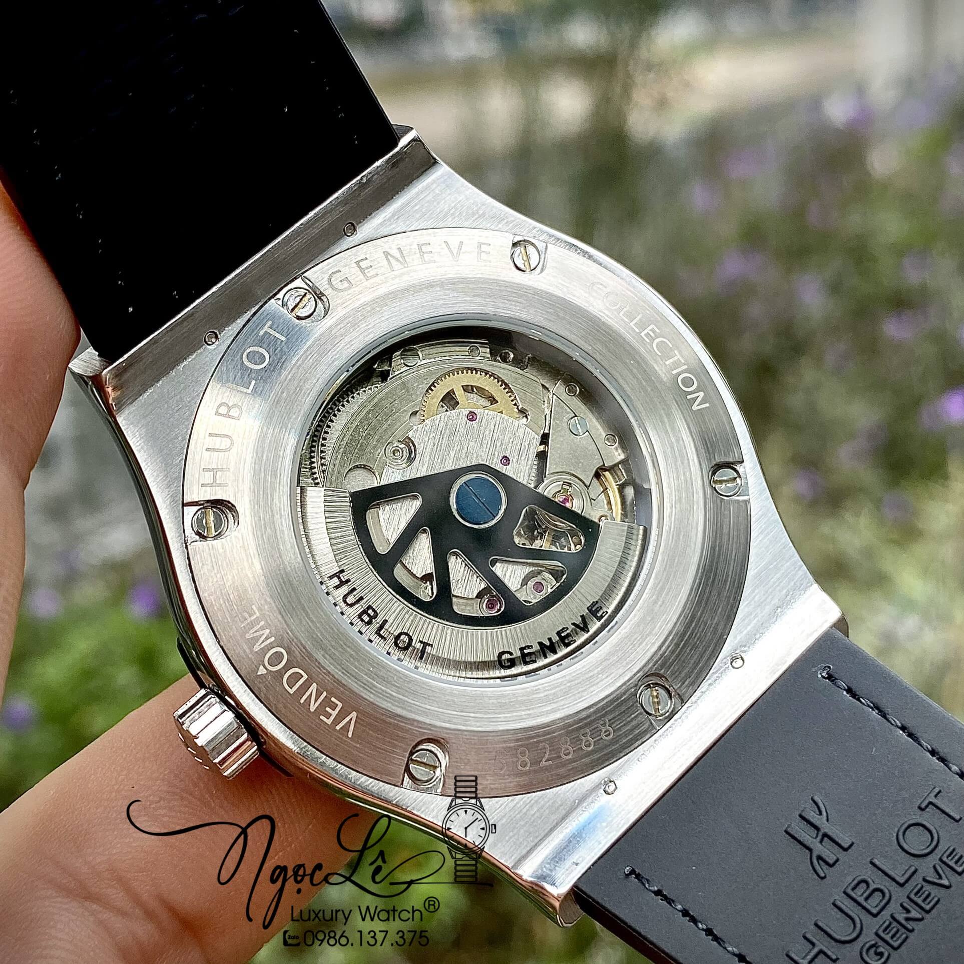 Đồng Hồ Nam Hublot Automatic Dây Da Silicon Màu Đen Đính 1 Niềng Đá 42mm