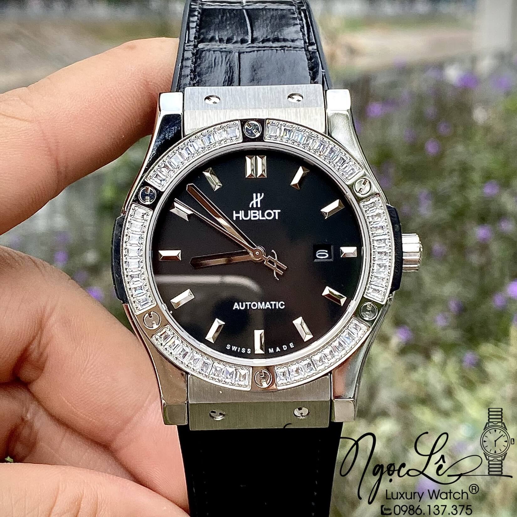 Đồng Hồ Nam Hublot Automatic Dây Da Silicon Màu Đen Đính 1 Niềng Đá 42mm