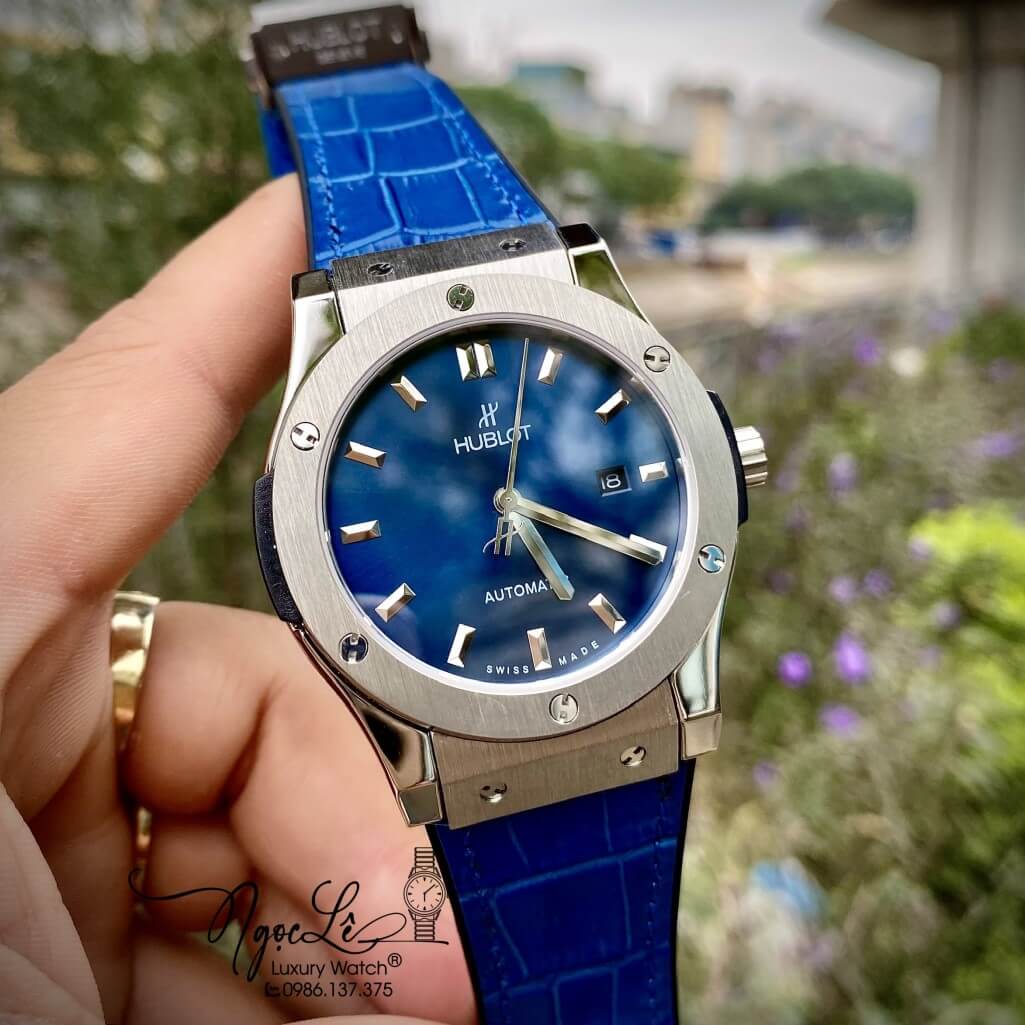 Đồng Hồ Nam Hublot Automatic Dây Da Silicon Màu Xanh Mặt Trơn Size 42mm