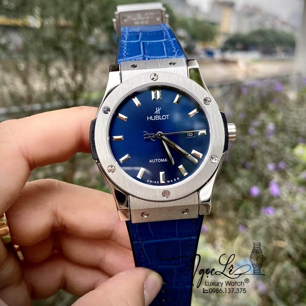 Đồng Hồ Nam Hublot Automatic Dây Da Silicon Màu Xanh Mặt Trơn Size 42mm