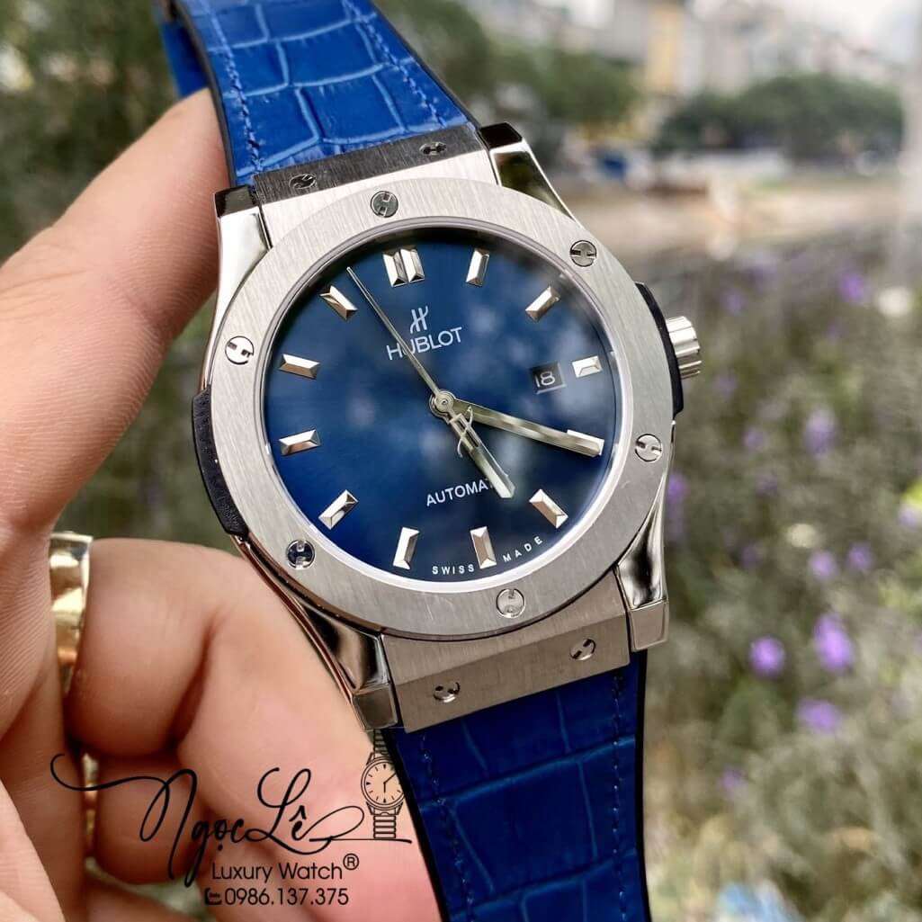 Đồng Hồ Nam Hublot Automatic Dây Da Silicon Màu Xanh Mặt Trơn Size 42mm