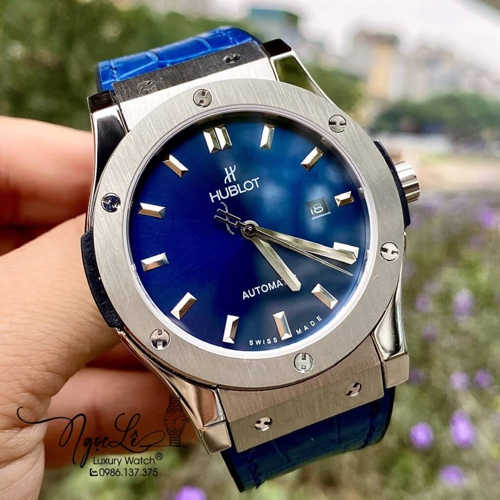 Đồng Hồ Nam Hublot Automatic Dây Da Silicon Màu Xanh Mặt Trơn Size 42mm