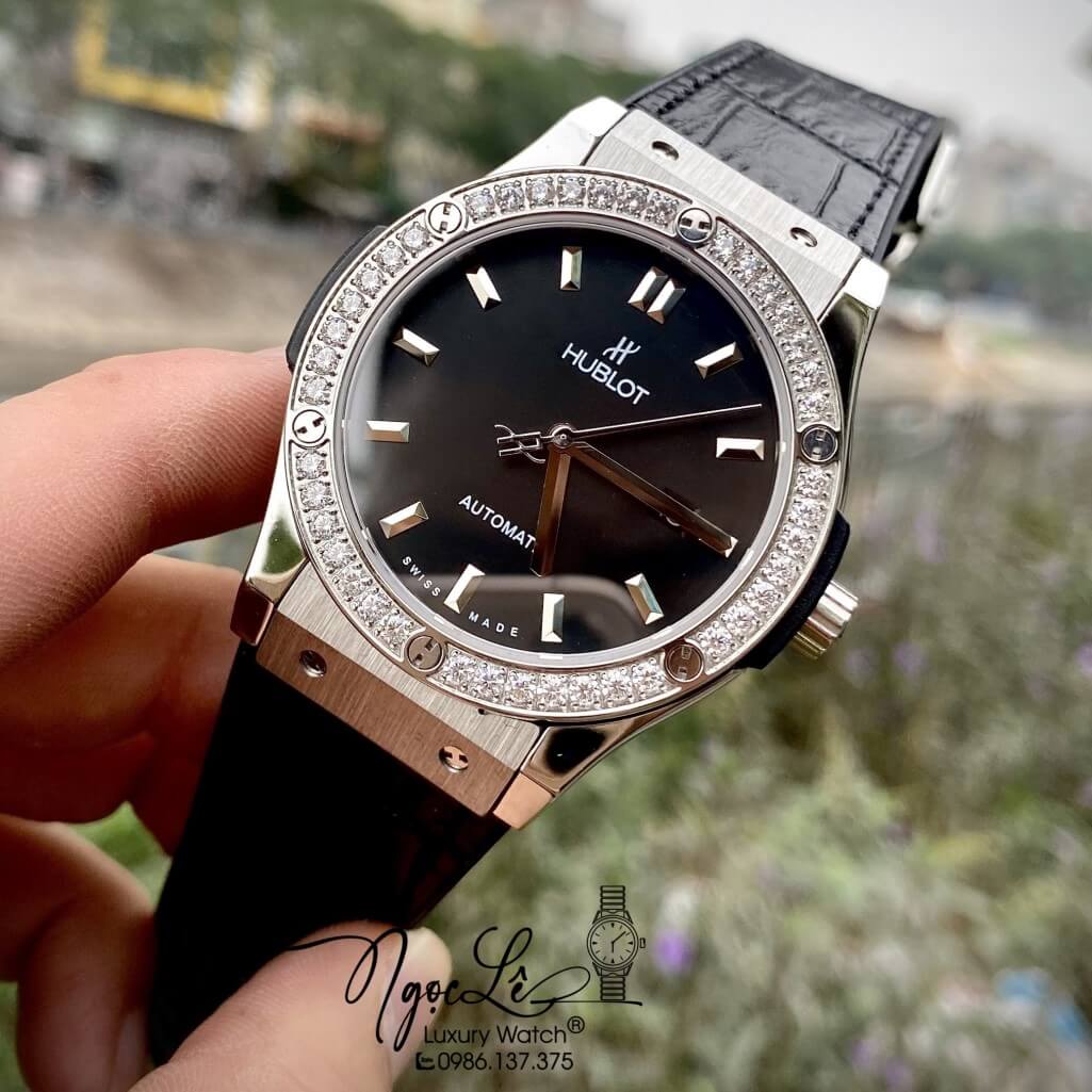 Đồng Hồ Nam Hublot Automatic Dây Da Silicon Màu Đen Đính 1 Niềng Đá 42mm
