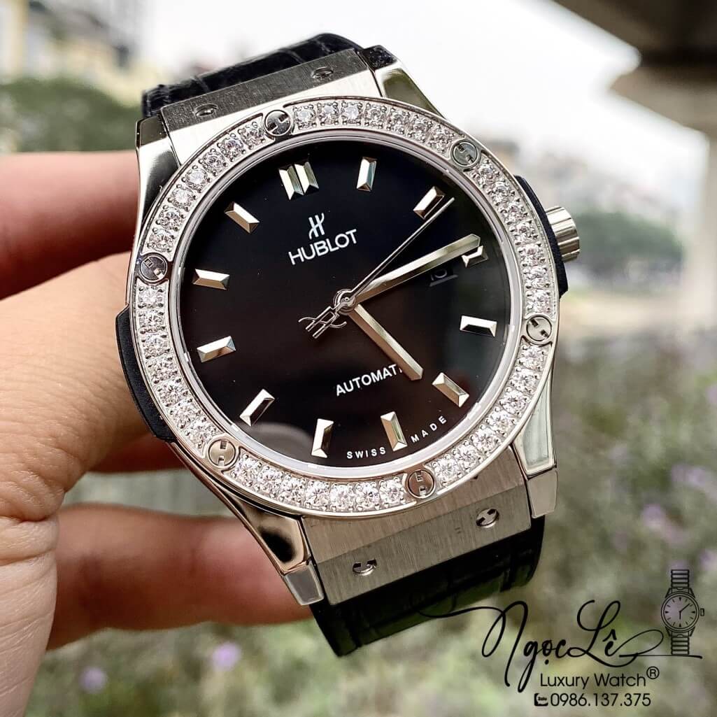 Đồng Hồ Nam Hublot Automatic Dây Da Silicon Màu Đen Đính 1 Niềng Đá 42mm