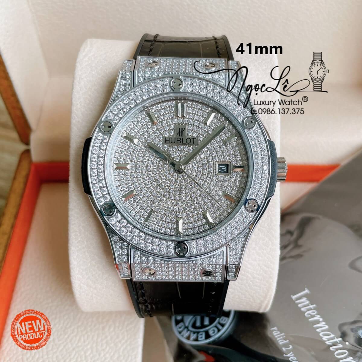 Đồng Hồ Hublot Automatic Nam 42mm Dây Da Silicon Đen Vỏ Bạc Đính Full Đá