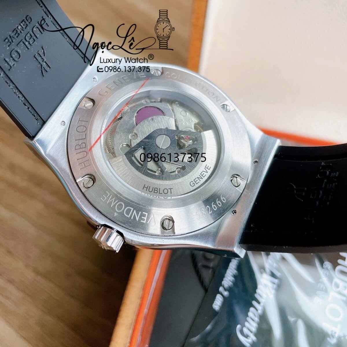 Đồng Hồ Hublot Automatic Nam 42mm Dây Da Silicon Đen Vỏ Bạc Đính Full Đá