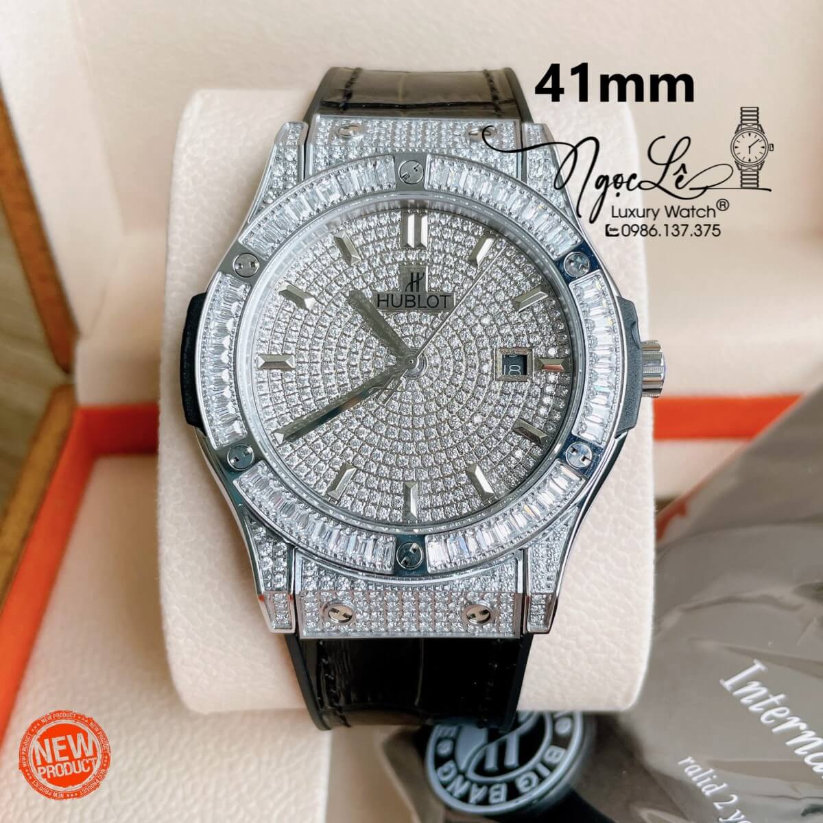 Đồng Hồ Hublot Automatic Nam 42mm Dây Da Silicon Đen Vỏ Bạc Đính Full Đá