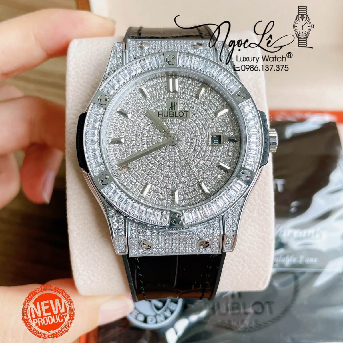 Đồng Hồ Hublot Automatic Nam 42mm Dây Da Silicon Đen Vỏ Bạc Đính Full Đá