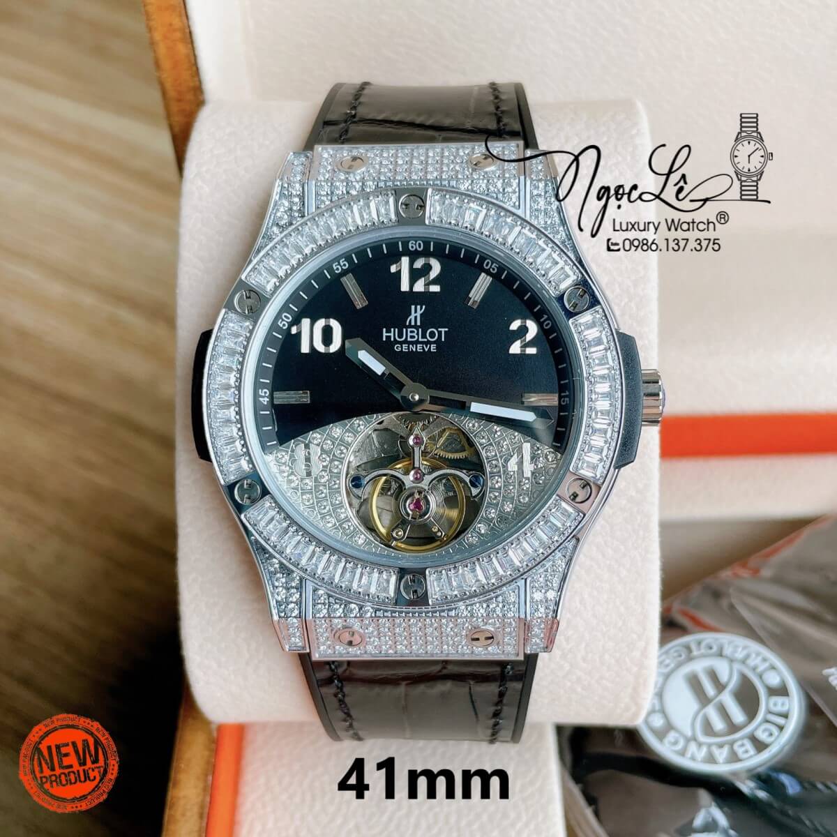 Đồng Hồ Hublot Automatic Nam Lộ Cơ Size 42mm Dây Da Silicon Đen Vỏ Bạc Đính Đá