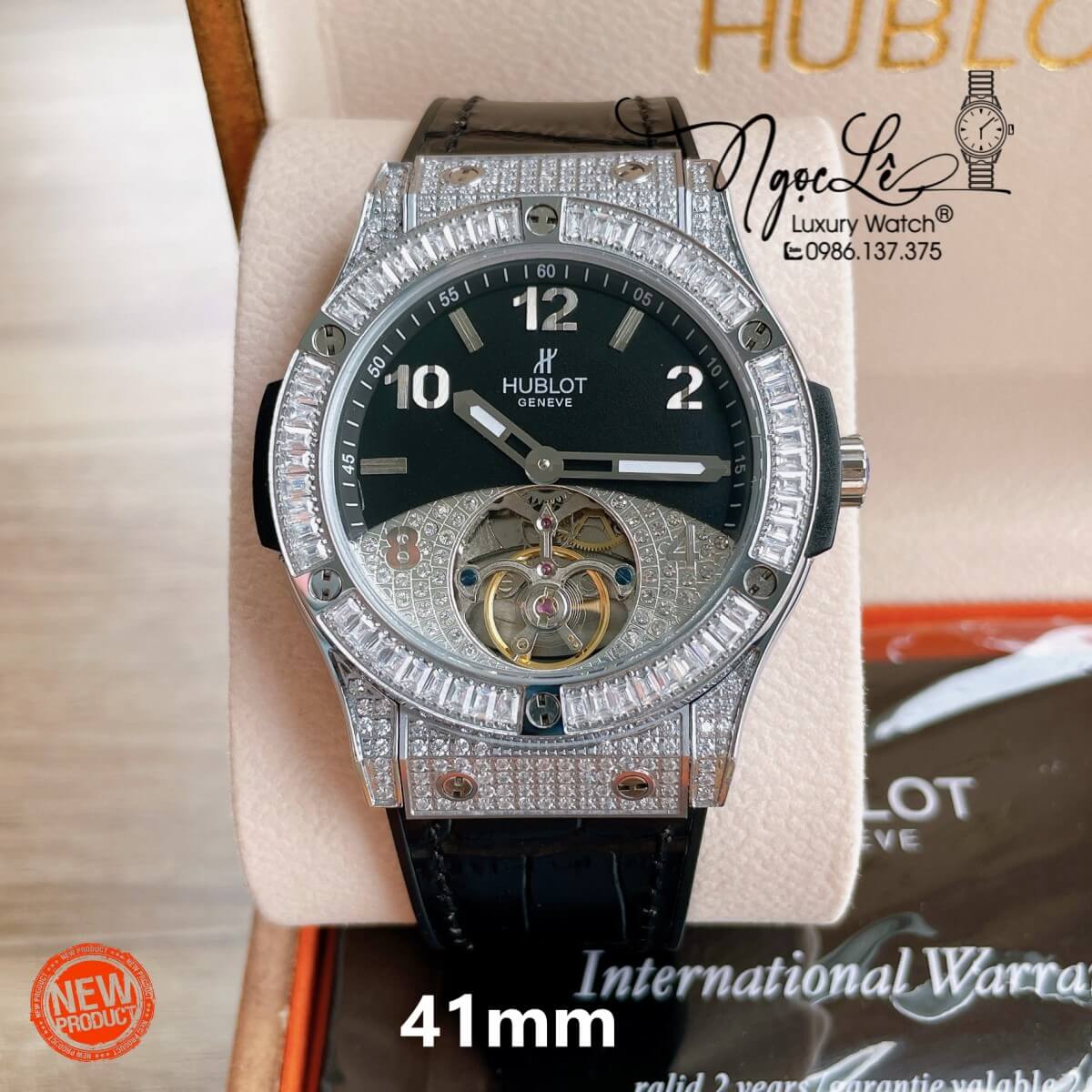 Đồng Hồ Hublot Automatic Nam Lộ Cơ Size 42mm Dây Da Silicon Đen Vỏ Bạc Đính Đá