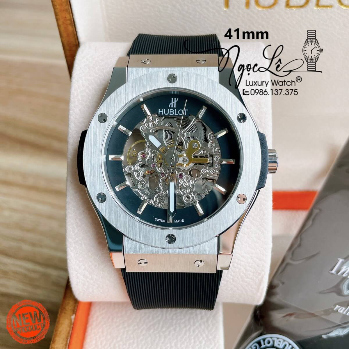 Đồng Hồ Hublot Automatic Nam Lộ Cơ Size 42mm Dây Silicon Đen Vỏ Bạc