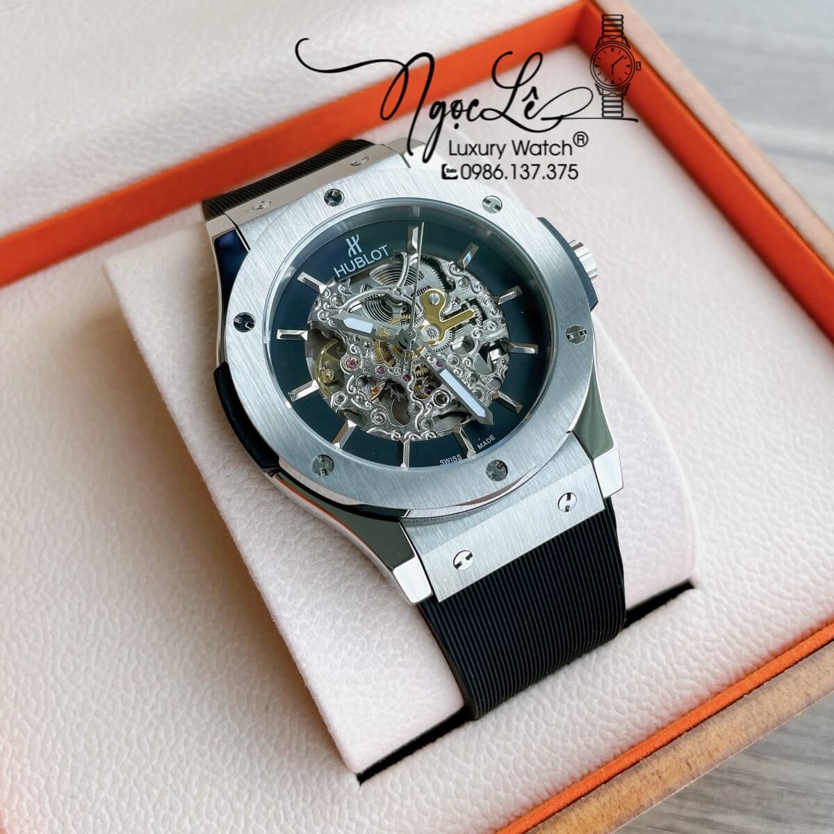 Đồng Hồ Hublot Automatic Nam Lộ Cơ Size 42mm Dây Silicon Đen Vỏ Bạc
