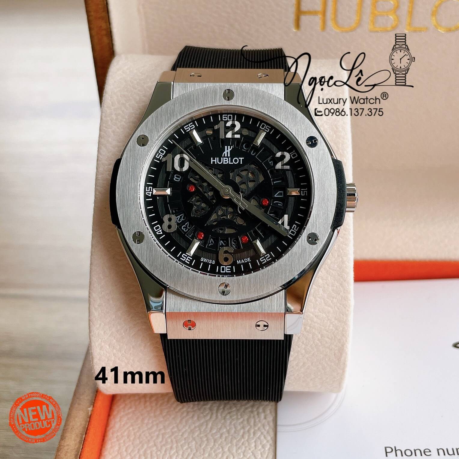 Đồng Hồ Hublot Automatic Nam Lộ Cơ Size 42mm Dây Silicon Đen Vỏ Thép Bạc