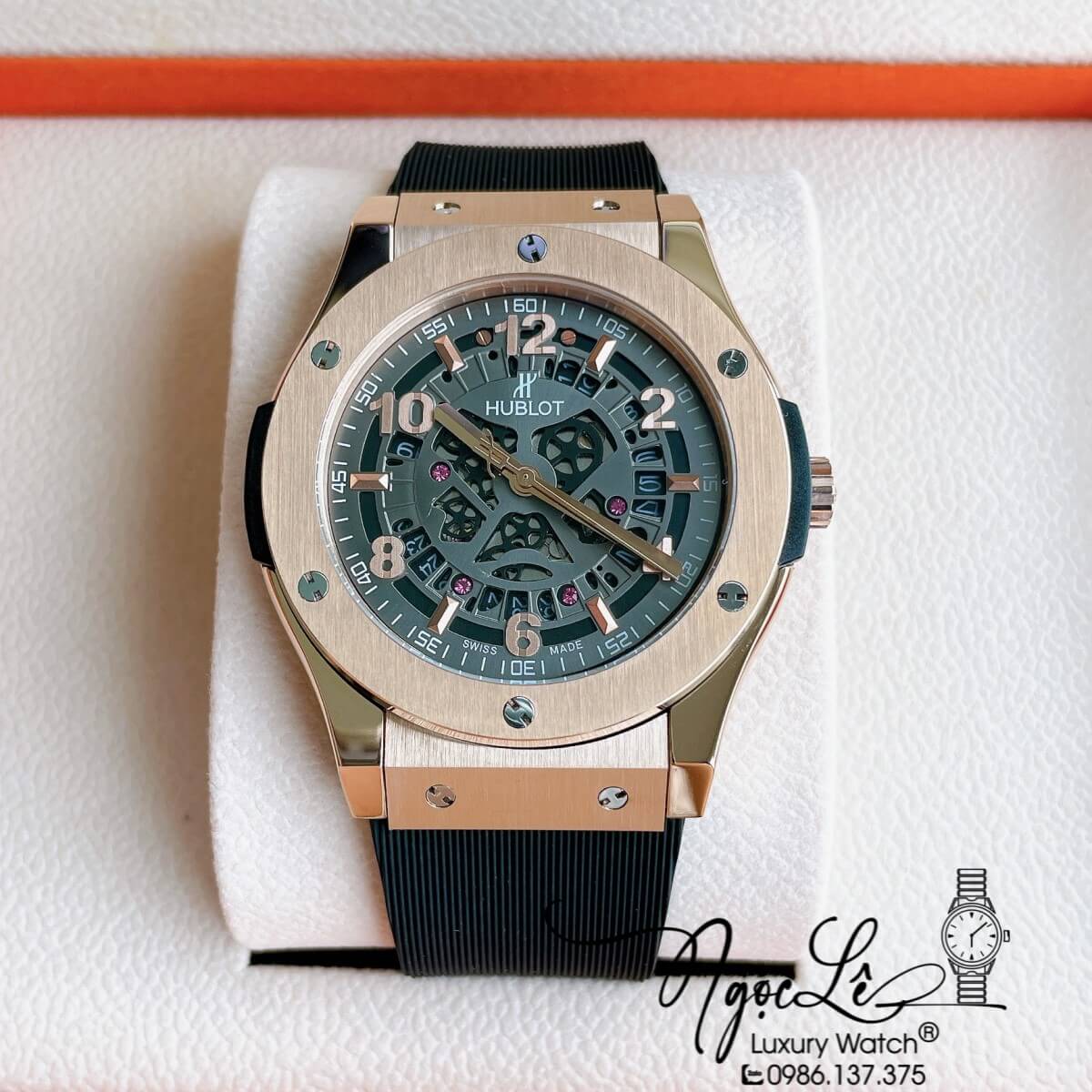 Đồng Hồ Hublot Automatic Nam Lộ Cơ Size 42mm Dây Silicon Đen Vỏ Thép Rose