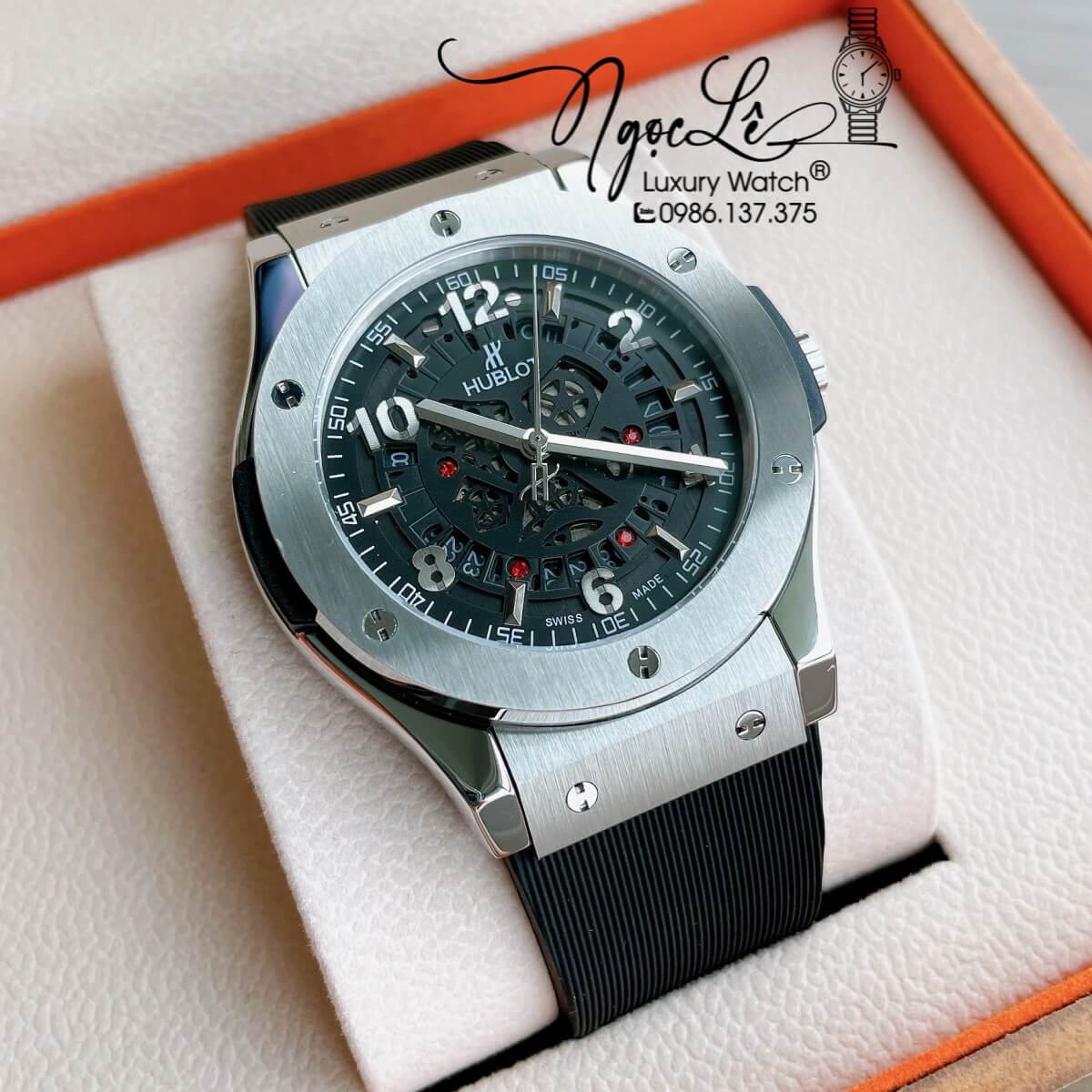 Đồng Hồ Hublot Automatic Nam Lộ Cơ Size 42mm Dây Silicon Đen Vỏ Thép Bạc