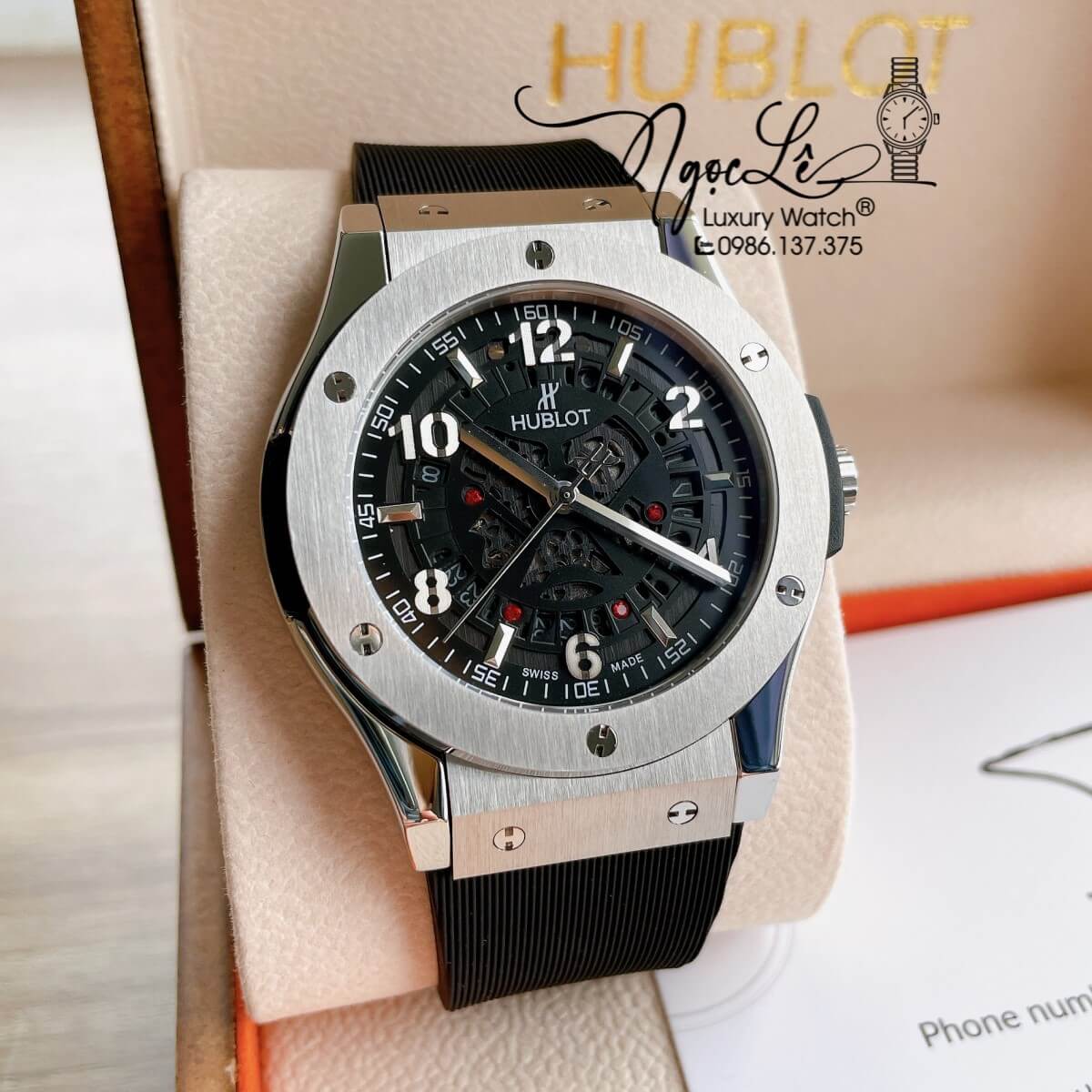 Đồng Hồ Hublot Automatic Nam Lộ Cơ Size 42mm Dây Silicon Đen Vỏ Thép Bạc