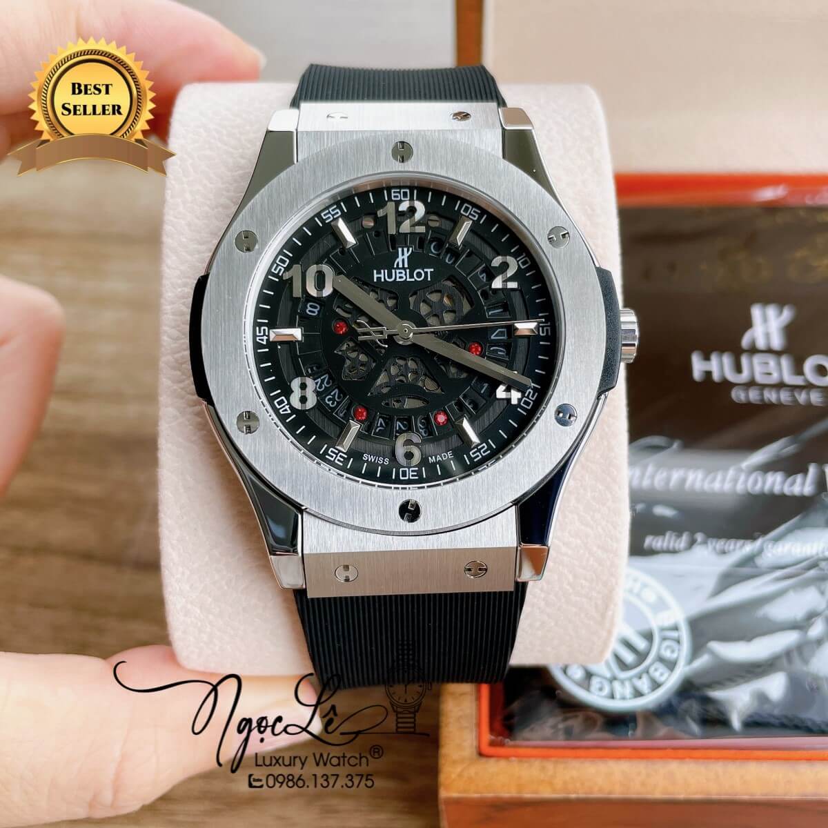 Đồng Hồ Hublot Automatic Nam Lộ Cơ Size 42mm Dây Silicon Đen Vỏ Thép Bạc