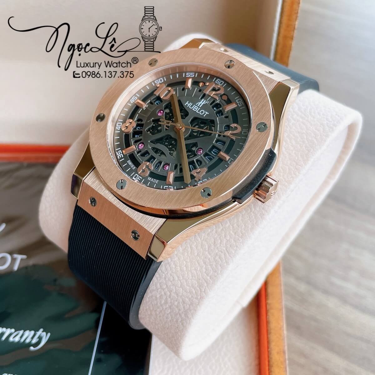 Đồng Hồ Hublot Automatic Nam Lộ Cơ Size 42mm Dây Silicon Đen Vỏ Thép Rose