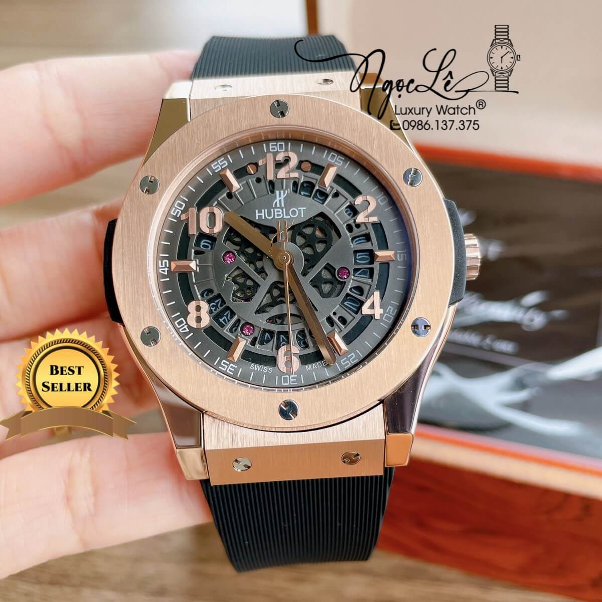 Đồng Hồ Hublot Automatic Nam Lộ Cơ Size 42mm Dây Silicon Đen Vỏ Thép Rose