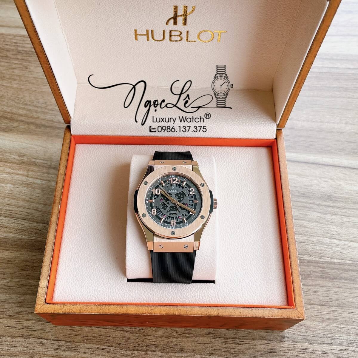 Đồng Hồ Hublot Automatic Nam Lộ Cơ Size 42mm Dây Silicon Đen Vỏ Thép Rose