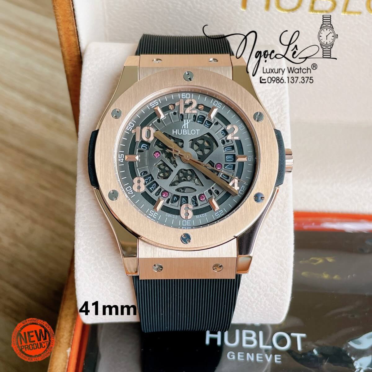 Đồng Hồ Hublot Automatic Nam Lộ Cơ Size 42mm Dây Silicon Đen Vỏ Thép Rose