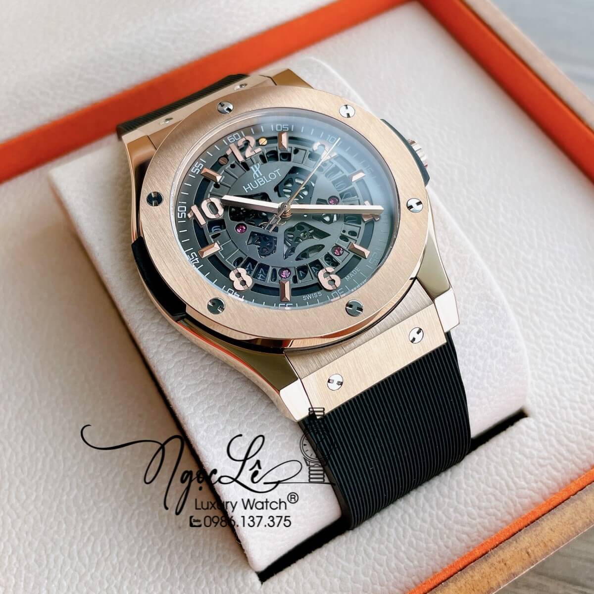 Đồng Hồ Hublot Automatic Nam Lộ Cơ Size 42mm Dây Silicon Đen Vỏ Thép Rose