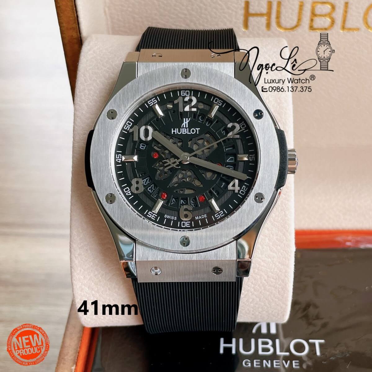 Đồng Hồ Hublot Automatic Nam Lộ Cơ Size 42mm Dây Silicon Đen Vỏ Thép Bạc