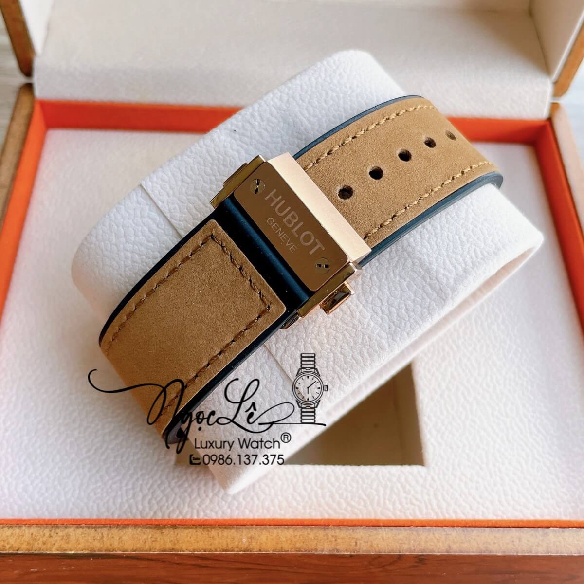 Đồng Hồ Hublot Automatic Nam Lộ Cơ Size 42mm Dây Da Silicon Nâu Vỏ Rose Đính Đá
