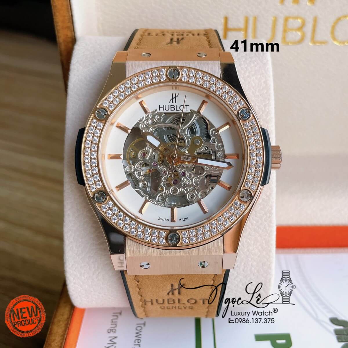 Đồng Hồ Hublot Automatic Nam Lộ Cơ Size 42mm Dây Da Silicon Nâu Vỏ Rose Đính Đá