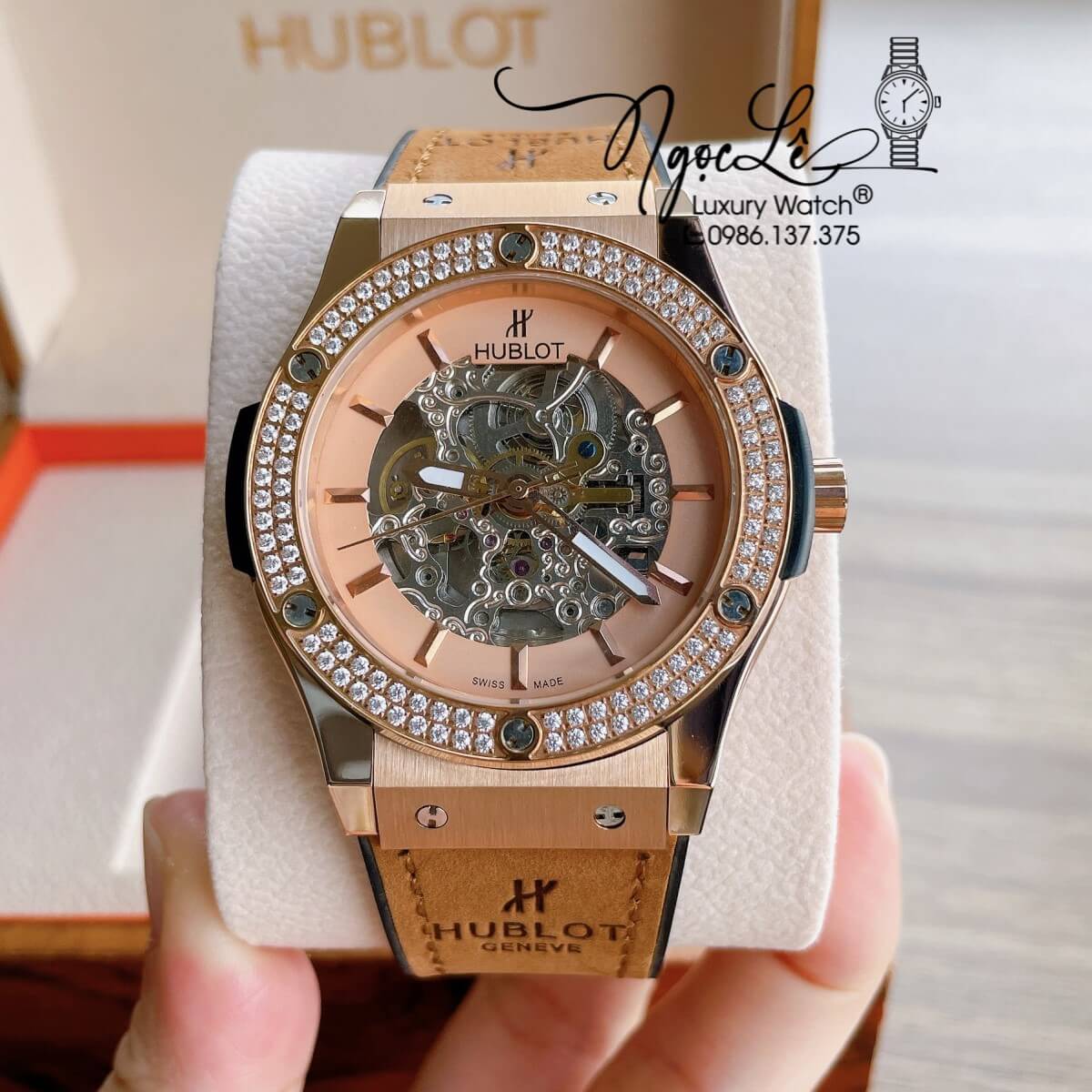 Đồng Hồ Hublot Automatic Nam Lộ Cơ Size 42mm Dây Da Silicon Nâu Mặt Rose Đính Đá