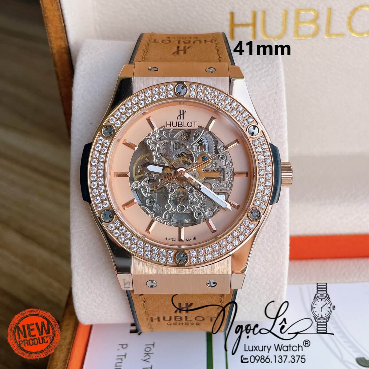 Đồng Hồ Hublot Automatic Nam Lộ Cơ Size 42mm Dây Da Silicon Nâu Mặt Rose Đính Đá