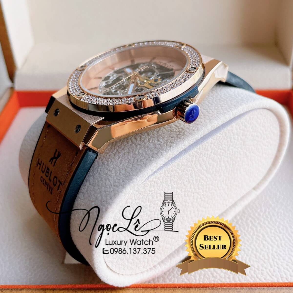 Đồng Hồ Hublot Automatic Nam Lộ Cơ Size 42mm Dây Da Silicon Nâu Mặt Rose Đính Đá