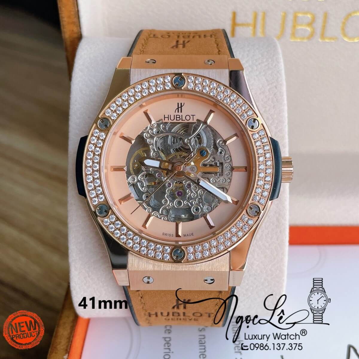 Đồng Hồ Hublot Automatic Nam Lộ Cơ Size 42mm Dây Da Silicon Nâu Mặt Rose Đính Đá