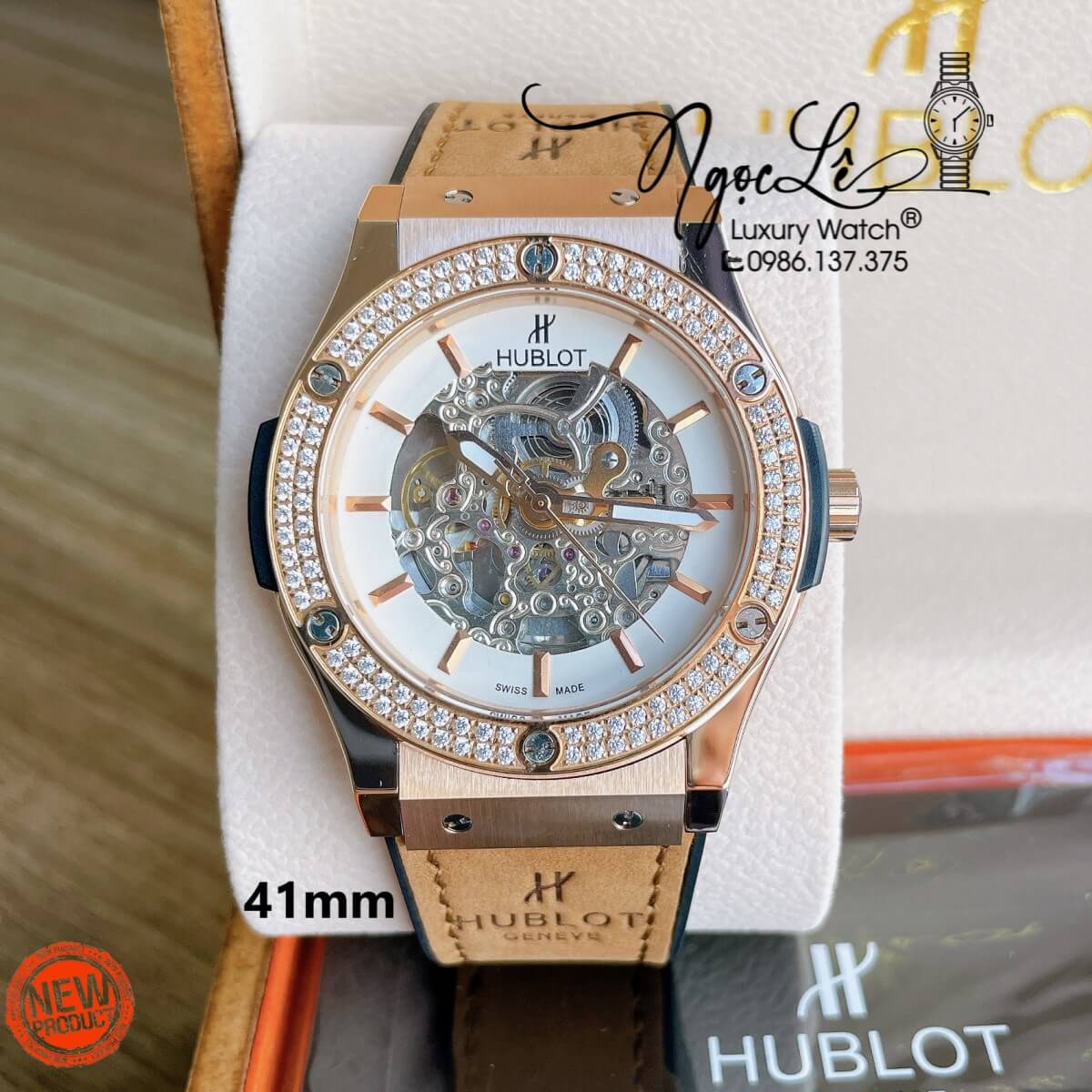 Đồng Hồ Hublot Automatic Nam Lộ Cơ Size 42mm Dây Da Silicon Nâu Vỏ Rose Đính Đá