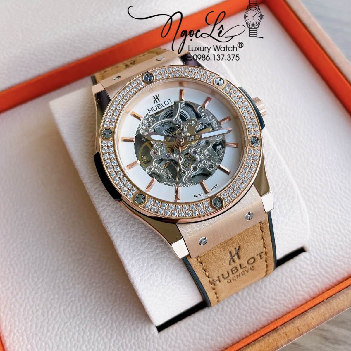 Đồng Hồ Hublot Automatic Nam Lộ Cơ Size 42mm Dây Da Silicon Nâu Vỏ Rose Đính Đá